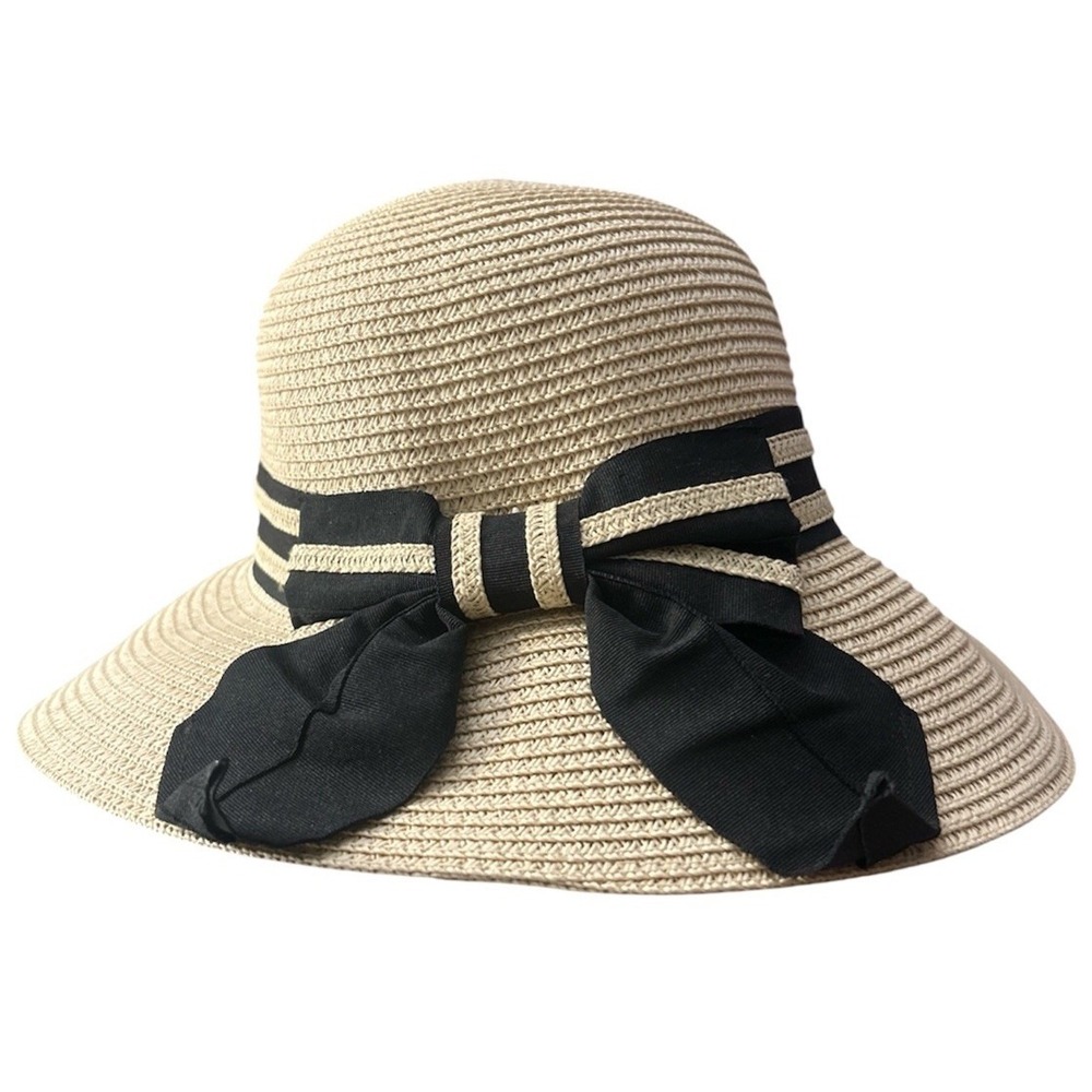 Comhats Straw Hat Tan Black Band Bow Adjustable NWOT